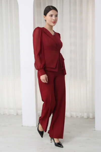 Nursel Ergin Bağlama Detaylı Asimetrik Yaka Tulum 6043-Bordo