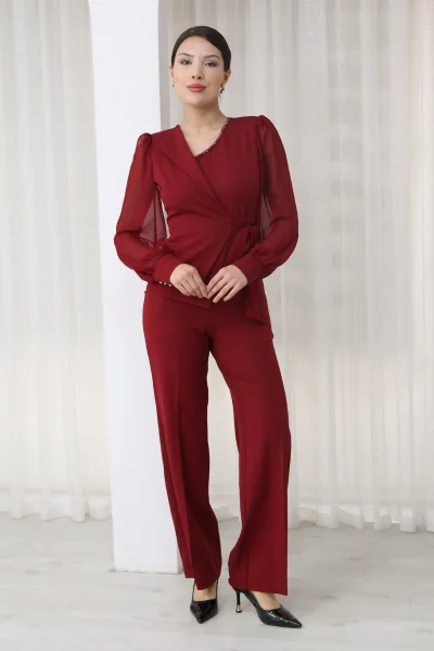 Nursel Ergin Bağlama Detaylı Asimetrik Yaka Tulum 6043-Bordo