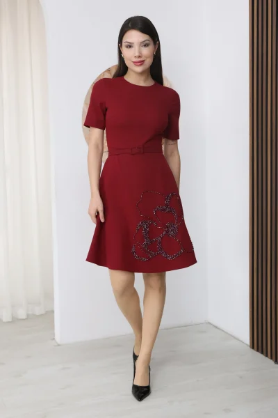 Nursel Ergin İşleme Detaylı Kemerli Elbise 6082-Bordo