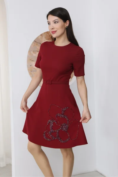 Nursel Ergin İşleme Detaylı Kemerli Elbise 6082-Bordo