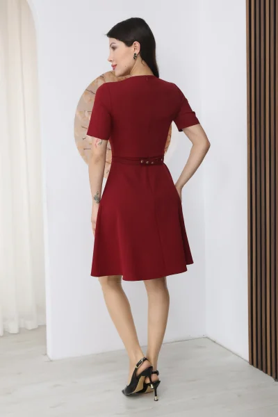 Nursel Ergin İşleme Detaylı Kemerli Elbise 6082-Bordo