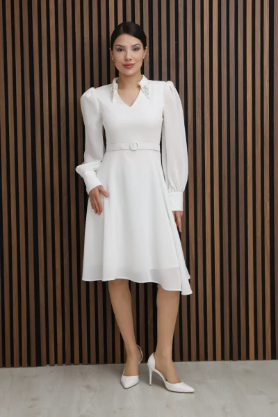 Nursel Ergin Yaka İşlemeli Asimetrik Kesim Elbise 6080-Beyaz