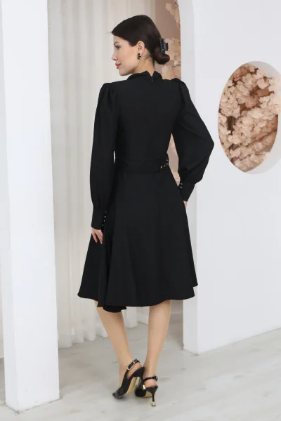Nursel Ergin Yaka İşlemeli Asimetrik Kesim Elbise 6080-Siyah