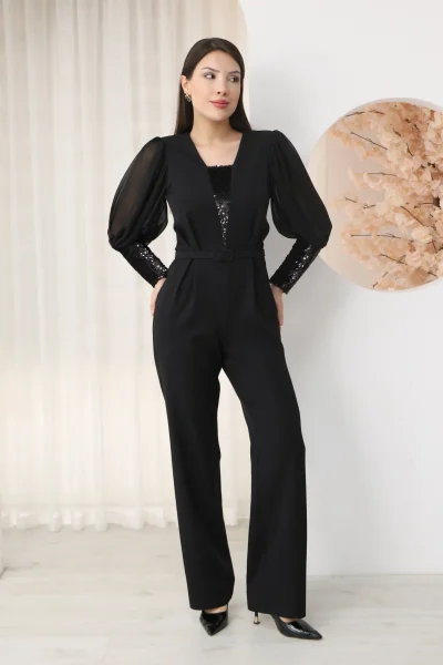 Nursel Ergin Payet Detaylı Abiye Tulum 6056-Siyah