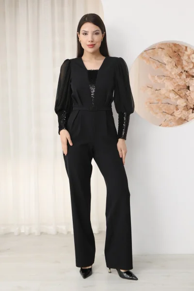 Nursel Ergin Payet Detaylı Abiye Tulum 6056-Siyah
