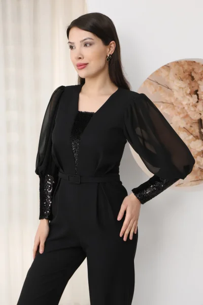 Nursel Ergin Payet Detaylı Abiye Tulum 6056-Siyah