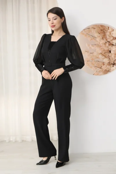 Nursel Ergin Payet Detaylı Abiye Tulum 6056-Siyah