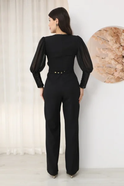 Nursel Ergin Payet Detaylı Abiye Tulum 6056-Siyah