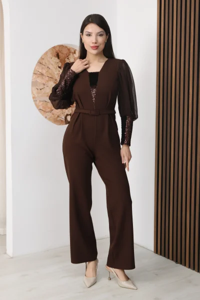 Nursel Ergin Payet Detaylı Abiye Tulum 6056-Kahverengi