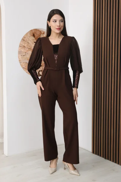 Nursel Ergin Payet Detaylı Abiye Tulum 6056-Kahverengi