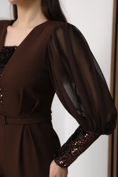 Nursel Ergin Payet Detaylı Abiye Tulum 6056-Kahverengi