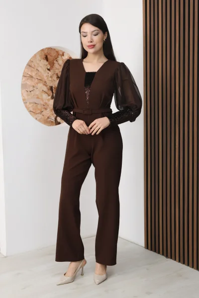 Nursel Ergin Payet Detaylı Abiye Tulum 6056-Kahverengi