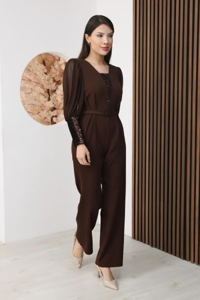 Nursel Ergin Payet Detaylı Abiye Tulum 6056-Kahverengi