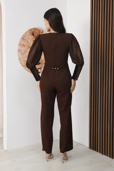 Nursel Ergin Payet Detaylı Abiye Tulum 6056-Kahverengi