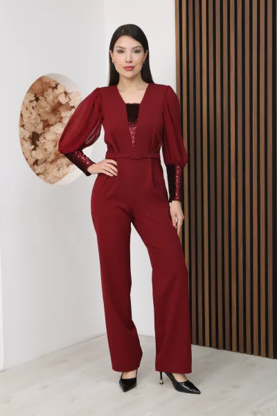 Nursel Ergin Payet Detaylı Abiye Tulum 6056-Bordo