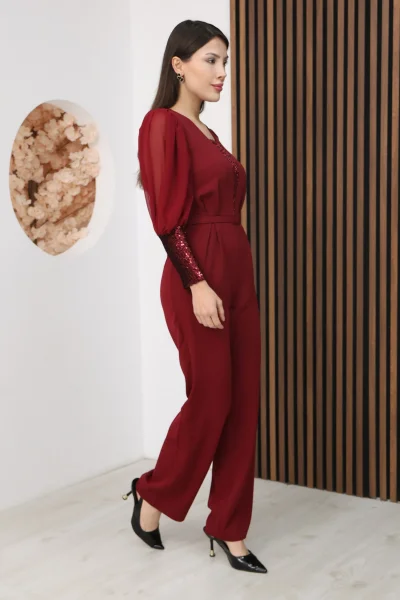 Nursel Ergin Payet Detaylı Abiye Tulum 6056-Bordo