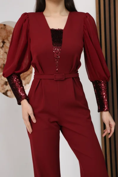 Nursel Ergin Payet Detaylı Abiye Tulum 6056-Bordo