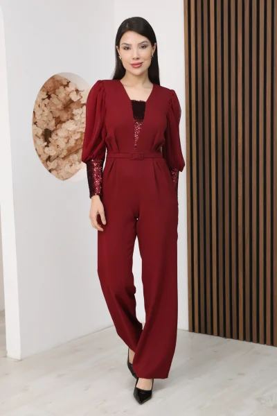 Nursel Ergin Payet Detaylı Abiye Tulum 6056-Bordo