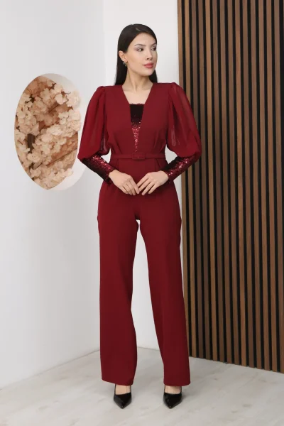 Nursel Ergin Payet Detaylı Abiye Tulum 6056-Bordo