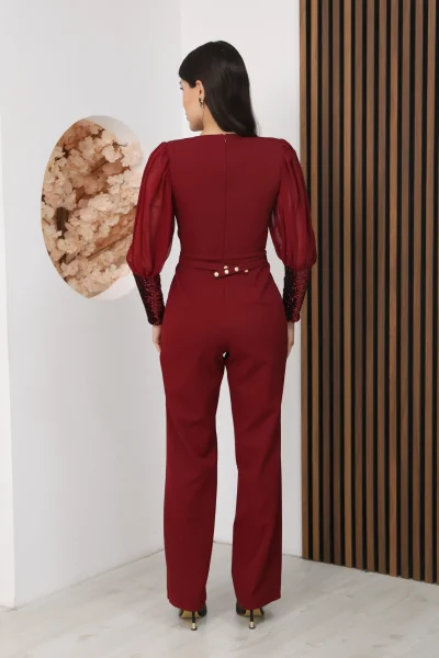 Nursel Ergin Payet Detaylı Abiye Tulum 6056-Bordo