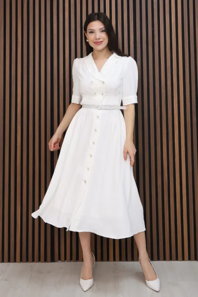 Nursel Ergin Düğme Detaylı Elbise 6059-Beyaz