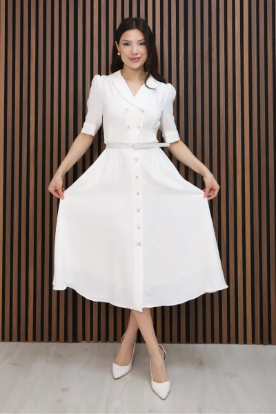 Nursel Ergin Düğme Detaylı Elbise 6059-Beyaz