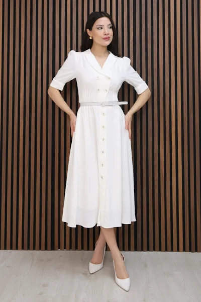Nursel Ergin Düğme Detaylı Elbise 6059-Beyaz