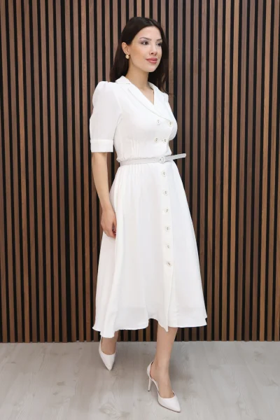 Nursel Ergin Düğme Detaylı Elbise 6059-Beyaz