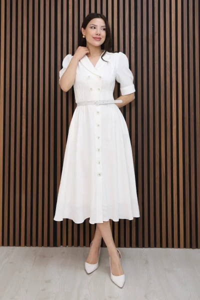 Nursel Ergin Düğme Detaylı Elbise 6059-Beyaz