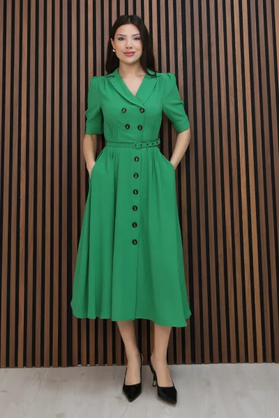 Nursel Ergin Düğme Detaylı Elbise 6059-Yeşil