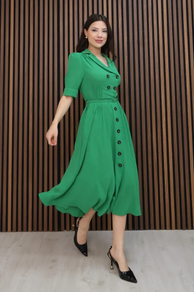 Nursel Ergin Düğme Detaylı Elbise 6059-Yeşil