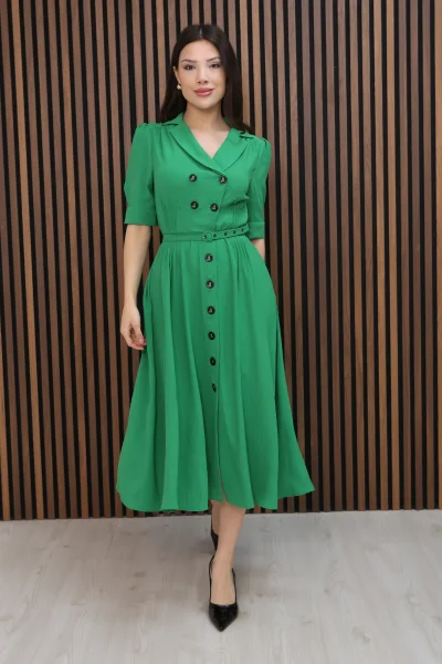 Nursel Ergin Düğme Detaylı Elbise 6059-Yeşil