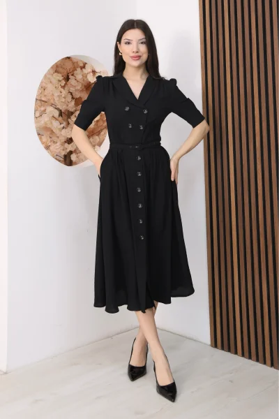 Nursel Ergin Düğme Detaylı Elbise 6059-Siyah