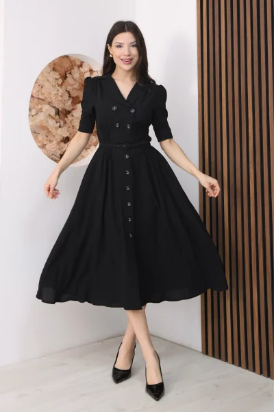 Nursel Ergin Düğme Detaylı Elbise 6059-Siyah