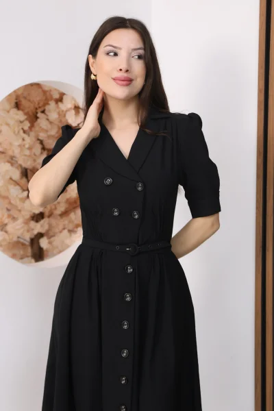 Nursel Ergin Düğme Detaylı Elbise 6059-Siyah