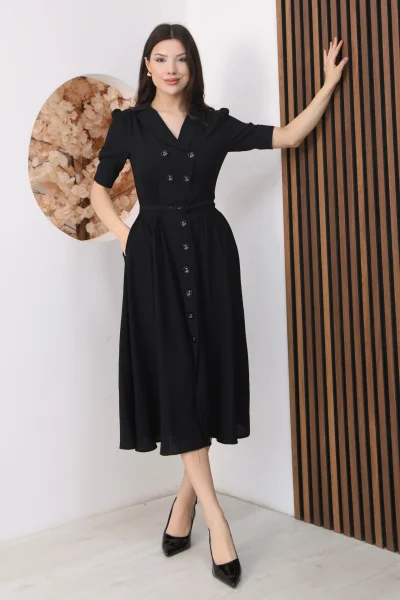 Nursel Ergin Düğme Detaylı Elbise 6059-Siyah