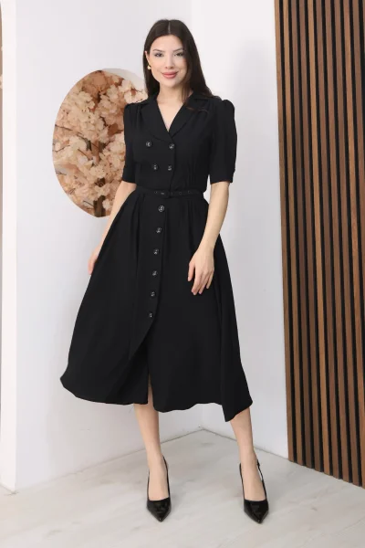 Nursel Ergin Düğme Detaylı Elbise 6059-Siyah