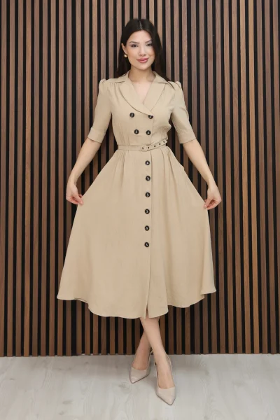 Nursel Ergin Düğme Detaylı Elbise 6059-Bej