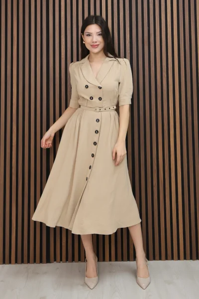Nursel Ergin Düğme Detaylı Elbise 6059-Bej