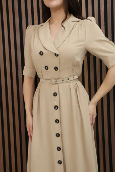 Nursel Ergin Düğme Detaylı Elbise 6059-Bej