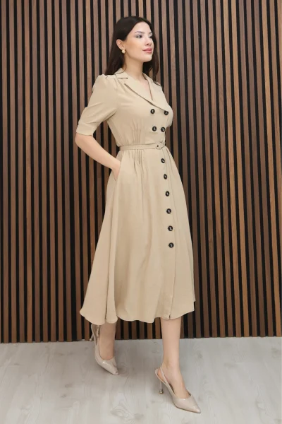 Nursel Ergin Düğme Detaylı Elbise 6059-Bej