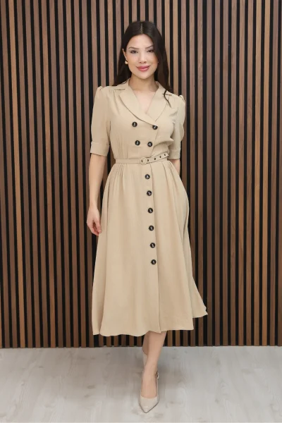 Nursel Ergin Düğme Detaylı Elbise 6059-Bej