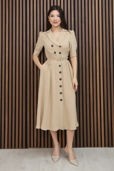 Nursel Ergin Düğme Detaylı Elbise 6059-Bej