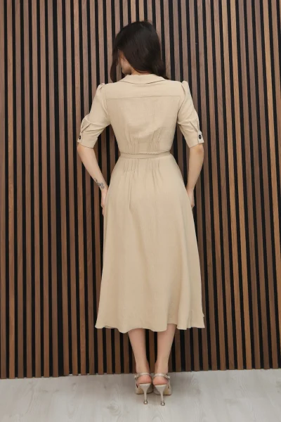 Nursel Ergin Düğme Detaylı Elbise 6059-Bej