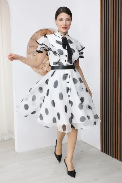 Nursel Ergin Düğme ve Bağlama Detaylı Puantiyeli Elbise 6081-Beyaz