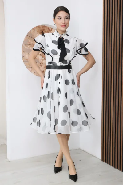 Nursel Ergin Düğme ve Bağlama Detaylı Puantiyeli Elbise 6081-Beyaz