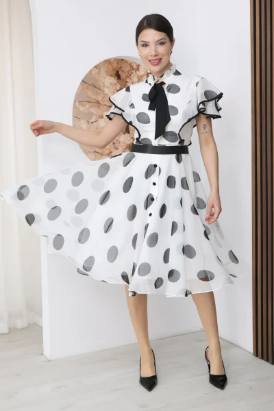 Nursel Ergin Düğme ve Bağlama Detaylı Puantiyeli Elbise 6081-Beyaz