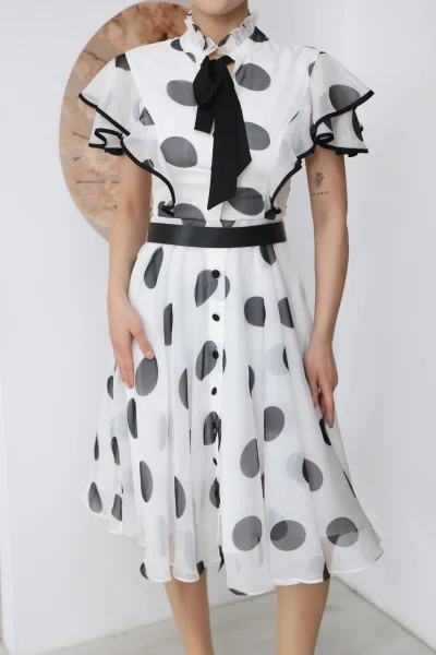 Nursel Ergin Düğme ve Bağlama Detaylı Puantiyeli Elbise 6081-Beyaz