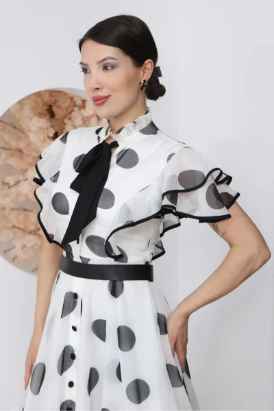 Nursel Ergin Düğme ve Bağlama Detaylı Puantiyeli Elbise 6081-Beyaz