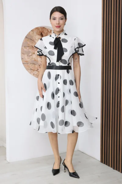 Nursel Ergin Düğme ve Bağlama Detaylı Puantiyeli Elbise 6081-Beyaz